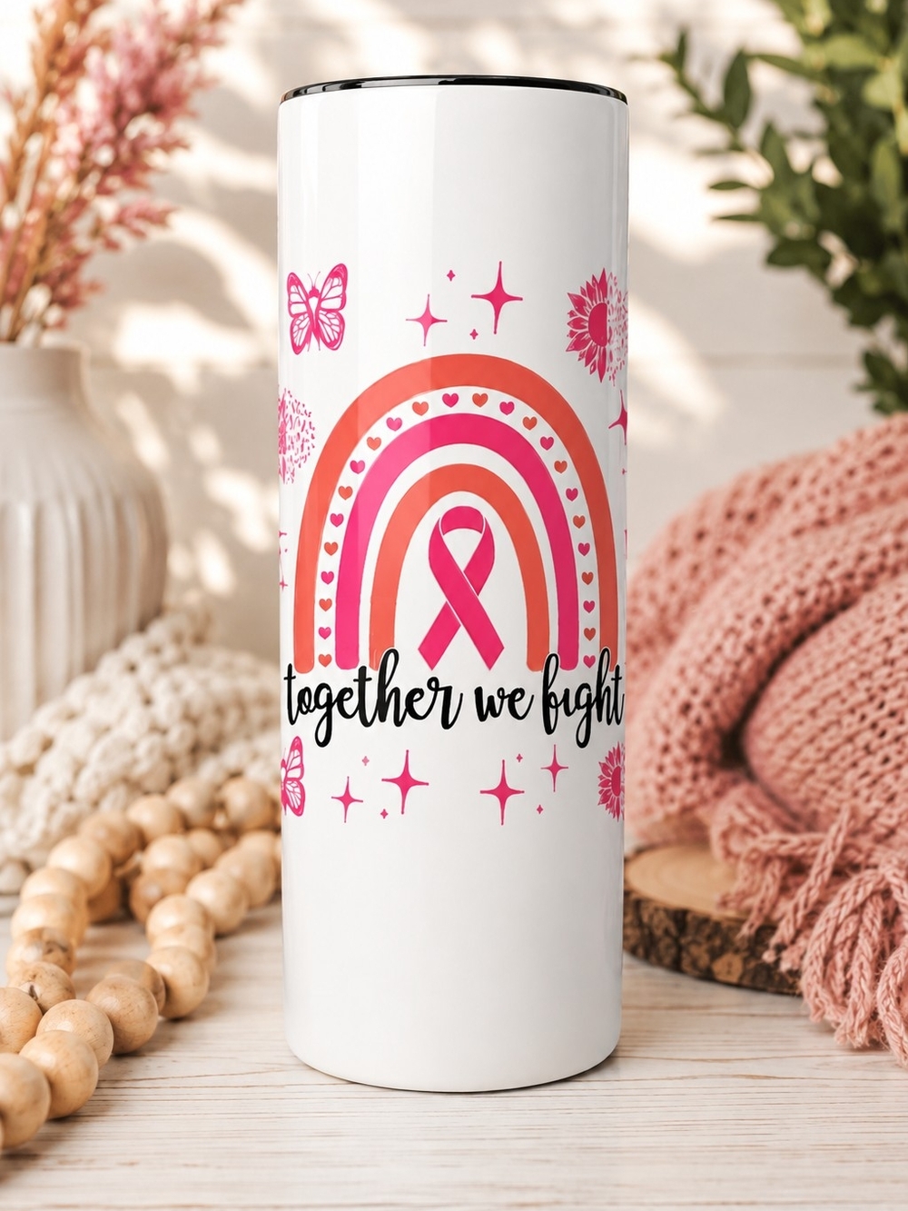 Together We Fight Pink Ribbon Rainbow Stainless Tumbler